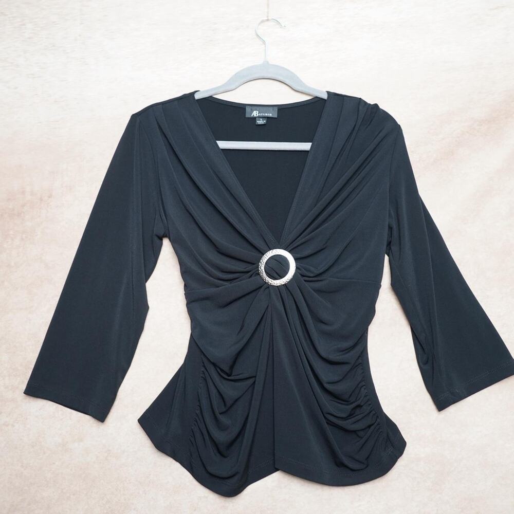 AB Studio Black Ruched Ring Top Size Large Y2K